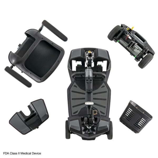 Overhead view of a disassembled Go Go® Endurance AL+ 4-Wheel Scooter showing its seat, battery, base, front wheels, and basket.