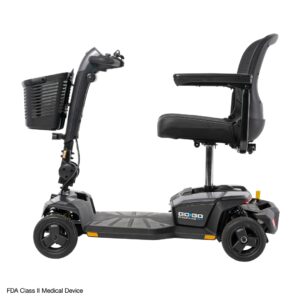 Side view of a black Go Go® Endurance AL+ 4-Wheel Scooter featuring a front basket, padded seat, armrests, and small wheels, shown on a white background.