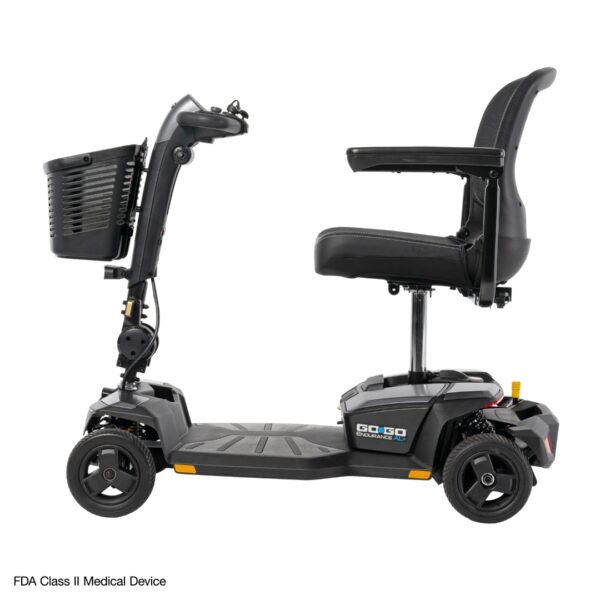 Side view of a black Go Go® Endurance AL+ 4-Wheel Scooter featuring a front basket, padded seat, armrests, and small wheels, shown on a white background.