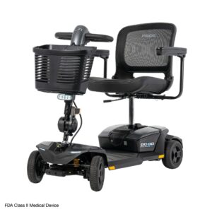A black Go Go® Endurance AL+ 4-Wheel Scooter with a front basket, padded seat, armrests, and four wheels, designed for personal mobility.