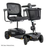 A black Go Go® Endurance AL+ 4-Wheel Scooter with a mesh seat, front basket, and an FDA Class II Medical Device label at the bottom left.
