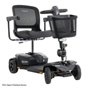 A black Go Go® Endurance AL+ 4-Wheel Scooter with a mesh seat, front basket, and an FDA Class II Medical Device label at the bottom left.