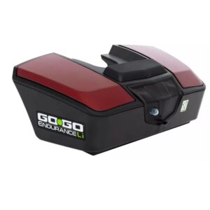 A rectangular black and red 8AH Battery Box for Go Go Endurance Li features a visible lock mechanism and vented top section.