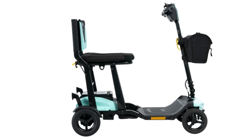 A Go Go Super Portable 4-Wheel Scooter featuring a comfortable seat, supportive backrest, and a small black storage bag conveniently attached to the handlebars.