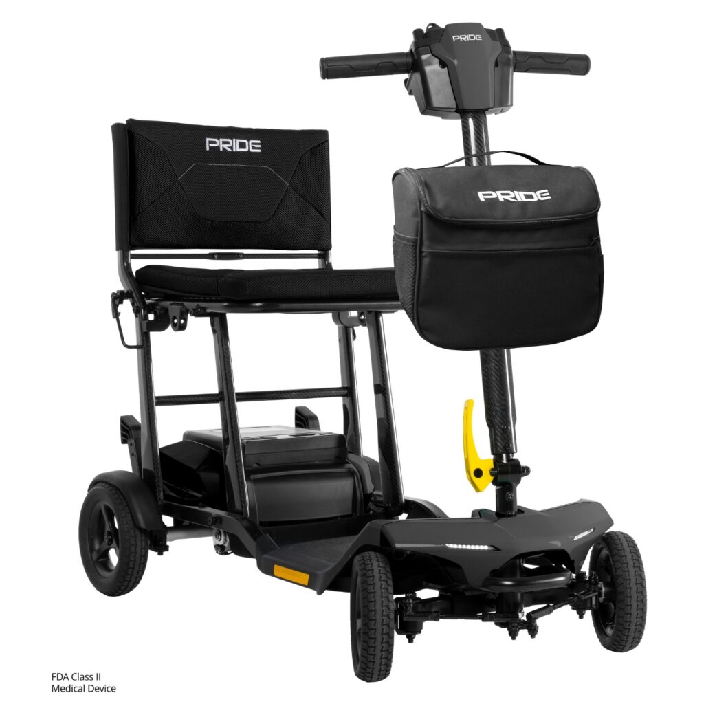 A Go Go Super Portable 4-Wheel Scooter with a seat and a storage bag attached to the handlebars.