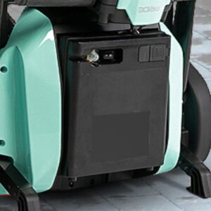 Close-up of an 11AH Lithium Battery for Go Go Super Portable, installed in a light teal mobility scooter or electric wheelchair, on a tiled floor.