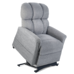 The Comforter with MaxiComfort Lift Chair, upholstered in gray, is shown in a partially elevated position with its metal base visible.