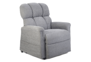 The Comforter with MaxiComfort Lift Chair is a light gray upholstered recliner featuring plush cushions, wide armrests, and a high back, shown against a white background.