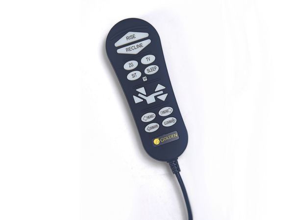 The MaxiComfort Series Day Dreamer Power Lift Recliner features a black, corded remote control with labeled buttons for rise, recline, sit, sleep, TV, and position settings. The Golden logo is displayed at the bottom of the remote.