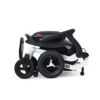 The Ally Power Wheelchair is a compact, foldable black and white mobility device with three large wheels and a handlebar, designed for easy transport and storage.