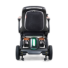 A front-facing view of the Ally Power Wheelchair, featuring large rear wheels, a seatback storage compartment, and a green-lit control panel.