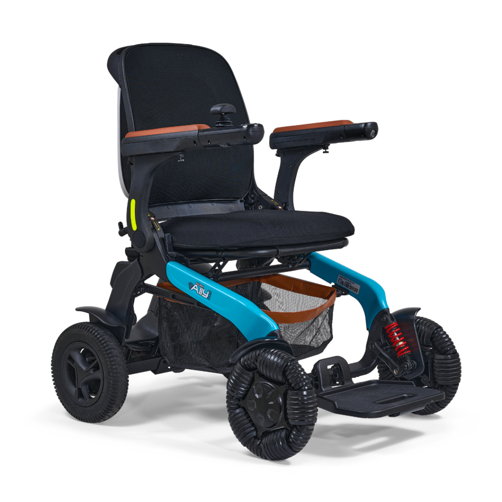 The Ally Pro Power Wheelchair is a modern, lightweight electric wheelchair featuring a black seat, blue frame, four wheels, armrests, and a mesh storage basket under the seat.