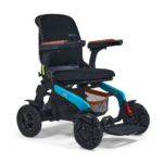The Ally Pro Power Wheelchair is a modern, lightweight electric wheelchair featuring a black seat, blue frame, four wheels, armrests, and a mesh storage basket under the seat.