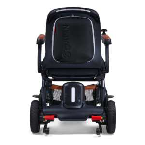 A front view of a black Ally Pro Power Wheelchair with four wheels, padded armrests, mesh storage area, and the GOPEDN brand name on the backrest.