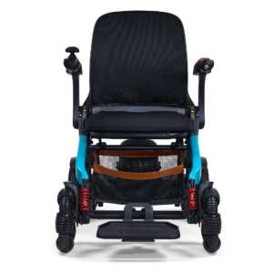 The Ally Pro Power Wheelchair has a black mesh seat, armrests, left-side joystick control, blue frame, red shock absorbers, and a front footrest—all seen from the front.