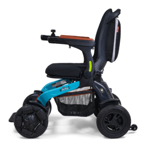 The Ally Pro Power Wheelchair features a modern blue frame, padded seat and backrest, side joystick control, and uniquely designed front wheels for enhanced mobility.