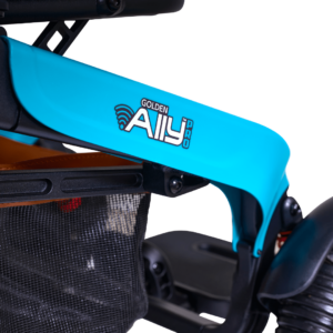 Close-up view of a blue Ally Pro Power Wheelchair frame, highlighting the seat and mesh storage basket underneath.