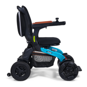 The Ally Pro Power Wheelchair showcases a sleek black seat, blue frame, four wheels, and an under-seat storage basket, all visible from the side.