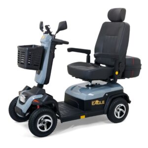 The Eagle 4-Wheel Scooter is an electric mobility scooter featuring four wheels, a high-backed seat, armrests, front basket, rear storage box, and mirrors.