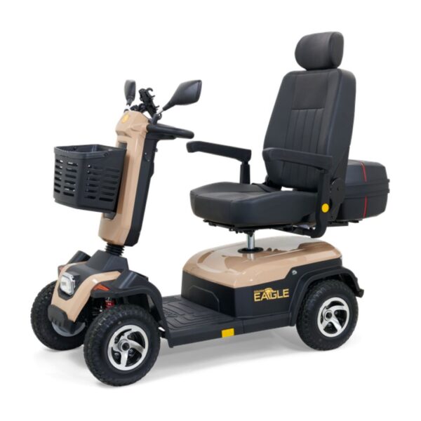 The Eagle 4-Wheel Scooter by Golden Technologies features a beige and black design, large cushioned seat, handlebar controls, front basket, and rear storage box for convenient mobility.