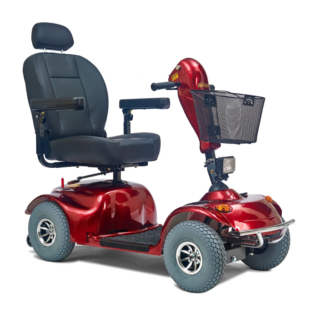 Red Avenger 4-Wheel Scooter with a black captain’s seat, a wire front basket, and grey tires.