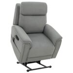 The Evolution Lift Chair is a grey fabric recliner with padded armrests, a side pocket, and a sturdy metal lift mechanism, shown partially raised.