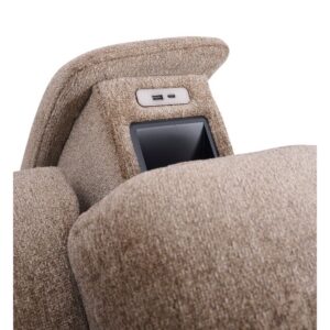 Close-up of the Halo! Lift Chair—beige fabric recliner with a built-in USB charging port, small armrest storage, and a subtle halo design for an elegant touch.