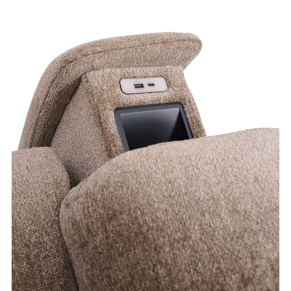 Close-up of the Halo! Lift Chair—beige fabric recliner with a built-in USB charging port, small armrest storage, and a subtle halo design for an elegant touch.