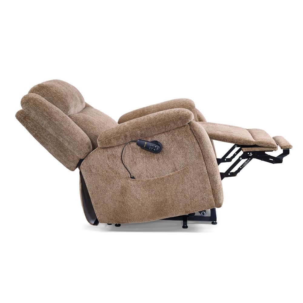 The Halo! Lift Chair in tan fabric is shown reclined with the footrest extended, and its Halo-inspired wired remote control resting in the side pocket.