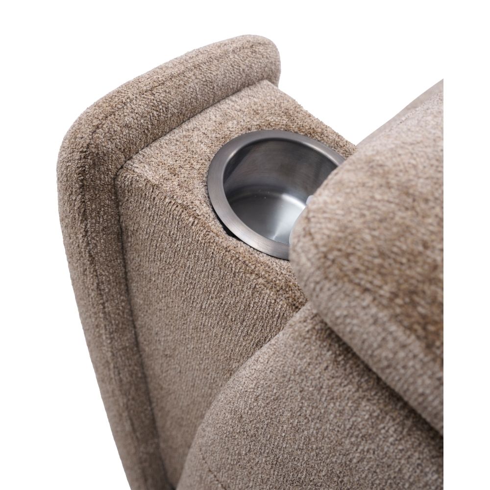 Close-up of the Halo! Lift Chair’s beige upholstered armrest with a built-in stainless steel cup holder and signature Halo-inspired detailing.