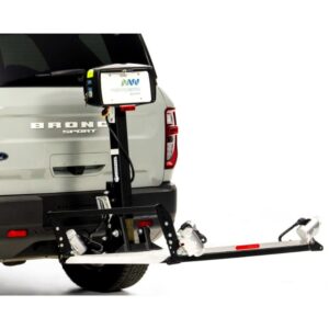 A vehicle equipped with the Harmar Fusion Lift (AL300-MW) attached to the rear bumper, designed for transporting a mobility device such as a wheelchair or scooter. For enhanced accessibility, some models also offer a side entry platform lift for convenient boarding and exiting.