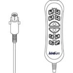 Line drawing of the VivaLift Power Headrest & Lumbar Hand Control with labeled buttons for adjusting head, lumbar, and leg positions, shown next to its connecting cable.