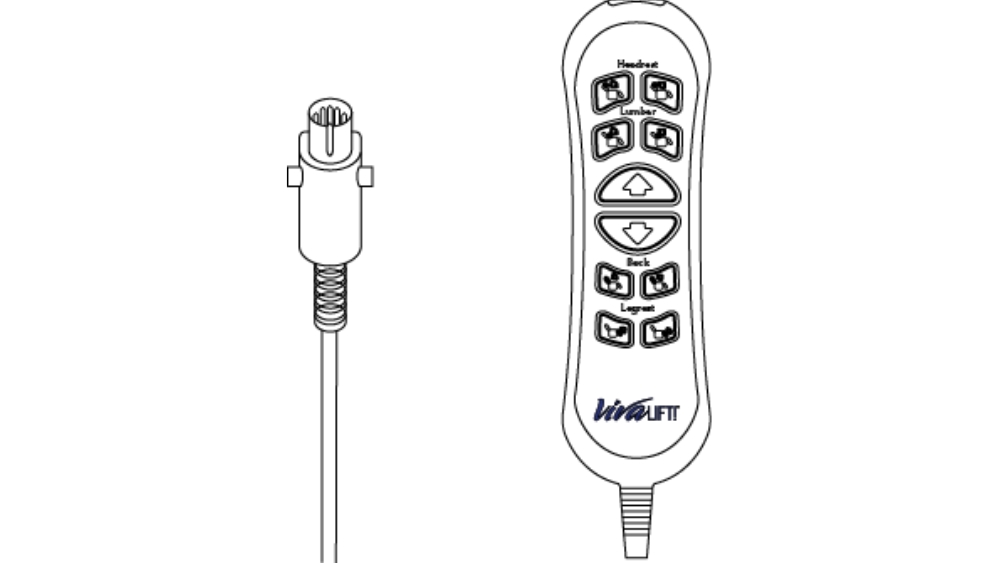Line drawing of the VivaLift Power Headrest & Lumbar Hand Control with labeled buttons for adjusting head, lumbar, and leg positions, shown next to its connecting cable.