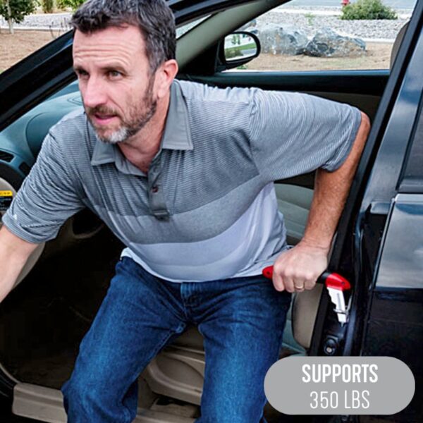 A man uses the HandyBar Automotive Safety Tool to assist himself while getting out of a vehicle. Text overlay reads Supports 350 lbs.