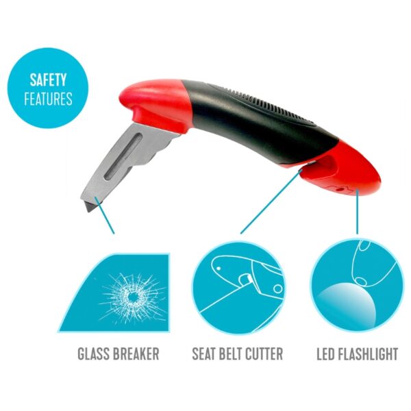 The HandyBar Automotive Safety Tool has a glass breaker, seat belt cutter, and LED flashlight. Its red and black handle clearly labels each feature in circles for quick access during emergencies.