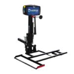 The Harmar Profile Micro Scooter Lift (AL015) is a sleek black motorized lift for vehicle attachment, featuring a sturdy platform and vertical support arm, ensuring seamless mobility.
