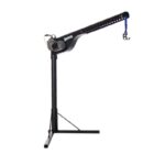The Harmar Economy Inside Lift (AL055) is a sleek black crane with a long horizontal arm and a blue hook. Its expertly mounted on a vertical post with a sturdy tripod base, ensuring reliable and efficient performance for all your lifting needs.