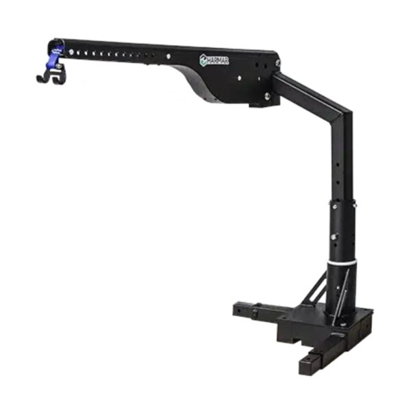 The Harmar Low Profile Hoist Lift (AL215) in black, featuring an adjustable arm with a hook attachment, pairs seamlessly with the Harmar AL055 base for a secure and efficient lift experience.