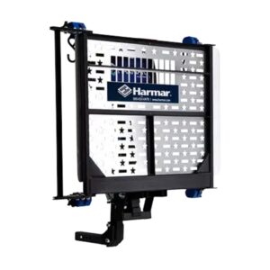 The Harmar Fusion Lift (AL300) boasts a star-patterned metal platform, blue handles, and a sturdy black framework, expertly designed for seamless vehicle attachment.