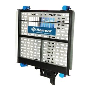 The Harmar Universal Powerchair Lift (AL500) boasts a star-patterned platform and blue accents, expertly designed for transporting mobility devices. This stylish scooter lift for RVs ensures seamless travel by combining functionality with elegance.
