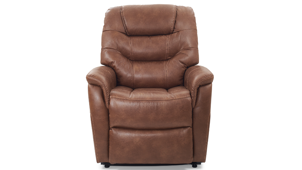 The Dione Lift Chair, upholstered in brown leather with padded armrests and a cushioned backrest, is displayed from the front against a white background.
