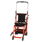 The Helix Mobile Stairlift is a red and black foldable wheelchair featuring sturdy handles and wheels, designed for easy transportation and mobility assistance.