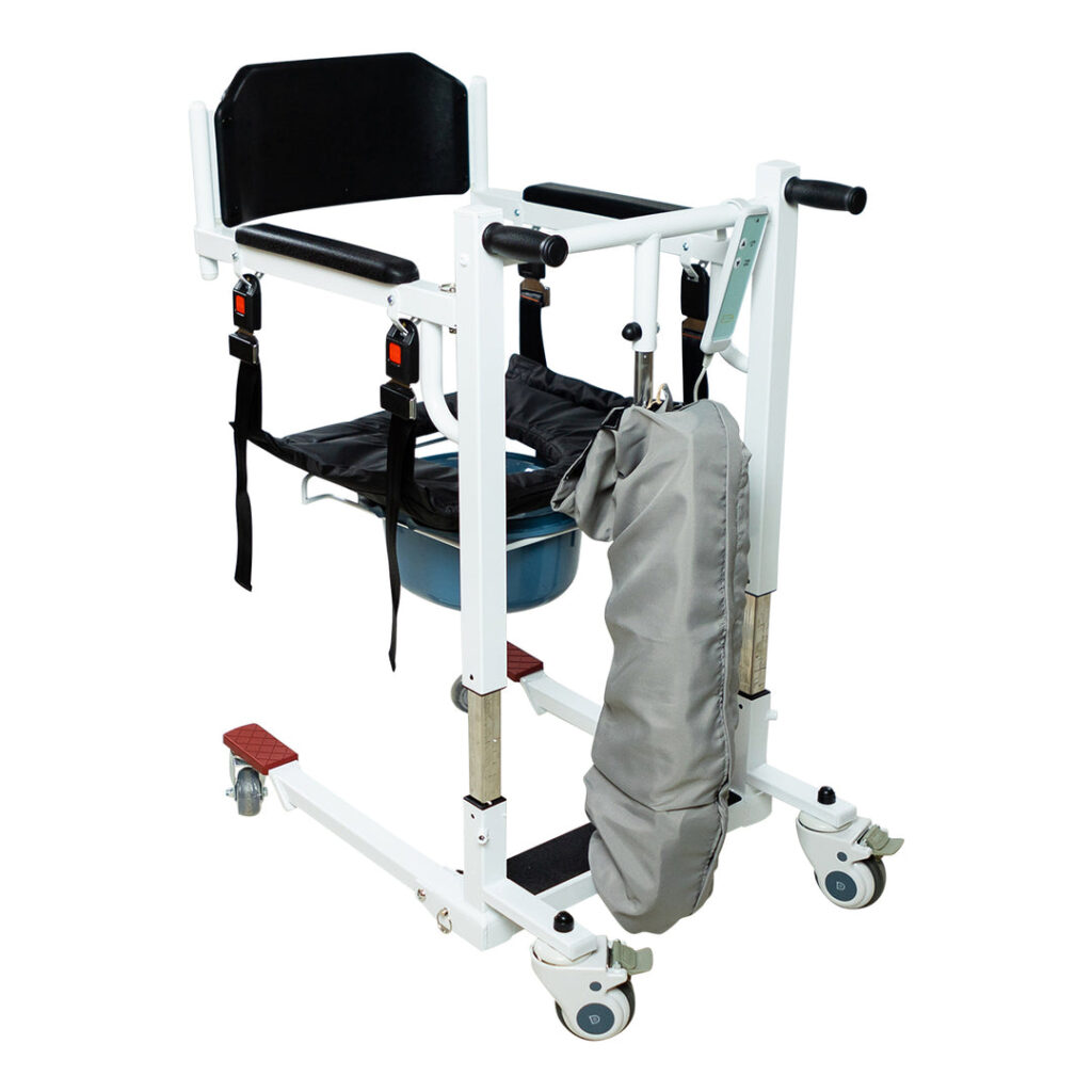 White mobility aid with black seat, backrest, and padded armrests. Features adjustable supports, straps, wheels with brakes, and a gray safety cushion on one side.