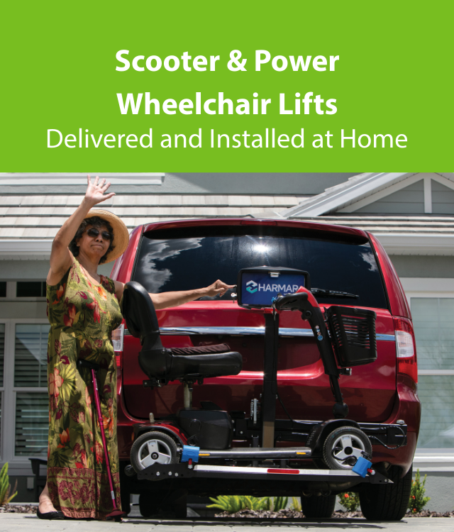 A woman stands next to a red van with a scooter lift attached, demonstrating its use; text above reads, Scooter & Power Wheelchair Lifts Delivered and Installed at Home.