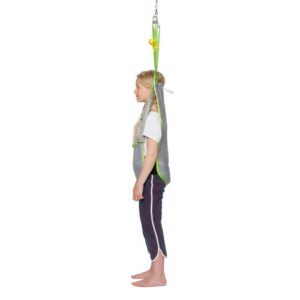 A child stands upright in a Human Care Activity Sling suspended from above, facing sideways, against a white background.