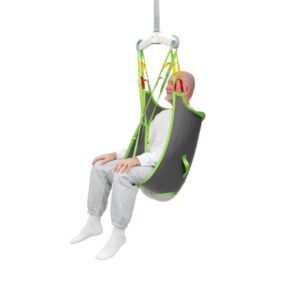 An elderly man sits in a gray and green Human Care Basic Sling, suspended in the air, used for patient transfer or mobility assistance.