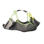 Black and green Human Care Positioning Sling with clips, featuring yellow shoulder straps for medical or mobility assistance, shown suspended and empty against a white background.