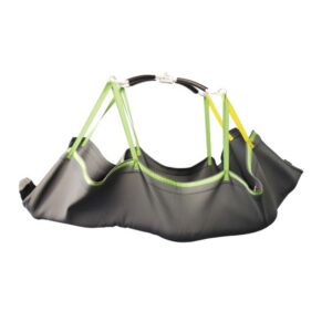 Black and green Human Care Positioning Sling with clips, featuring yellow shoulder straps for medical or mobility assistance, shown suspended and empty against a white background.
