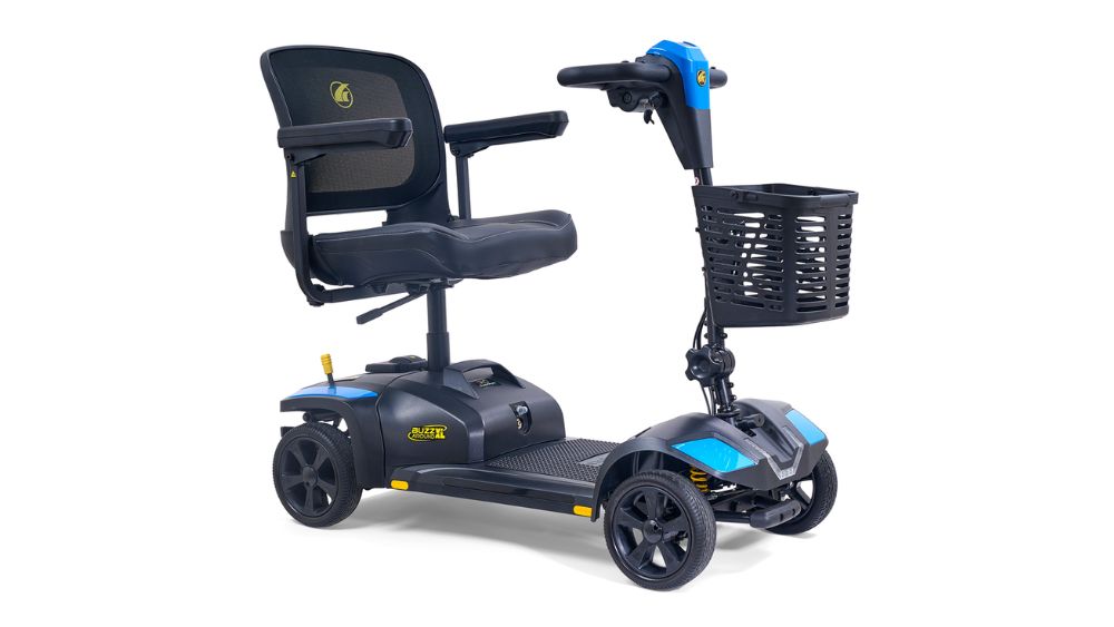 A Buzzaround XL 4-Wheel Scooter in black and blue, featuring a mesh backrest, armrests, front basket, and four wheels, photographed against a white background.