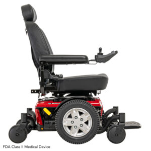 Side view of a black and red Jazzy 600ES Power Wheelchair featuring armrests, footrest, and joystick control. Text at the bottom states: FDA Class II Medical Device.